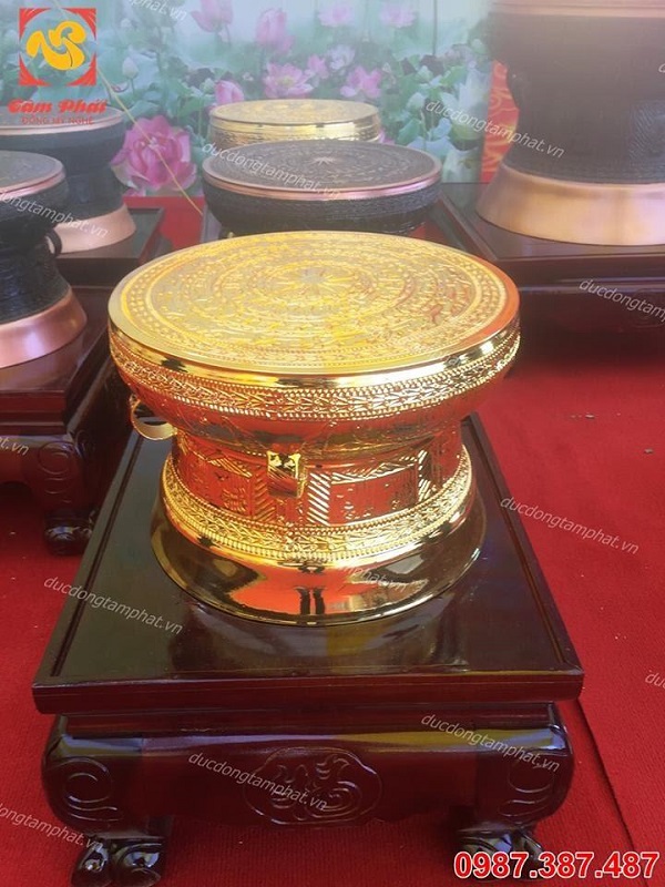 Trống đồng lưu niệm đường kính 20cm mạ vàng