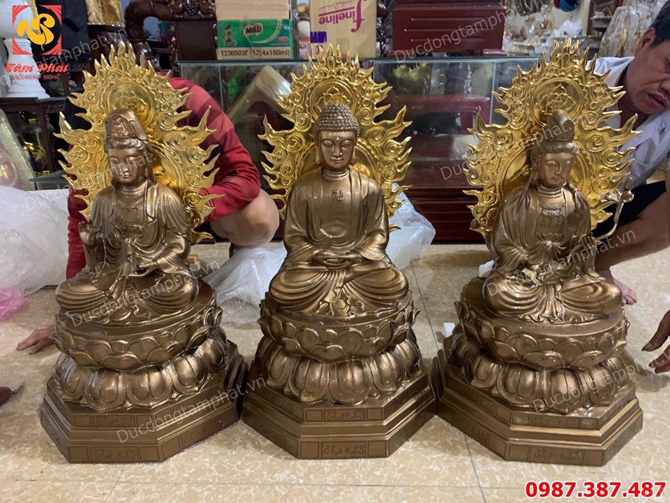 Tượng đồng Tây Phương Tam Thánh cao 72cm đồng đỏ nguyên chất mạ vàng 24k liếc sau tượng