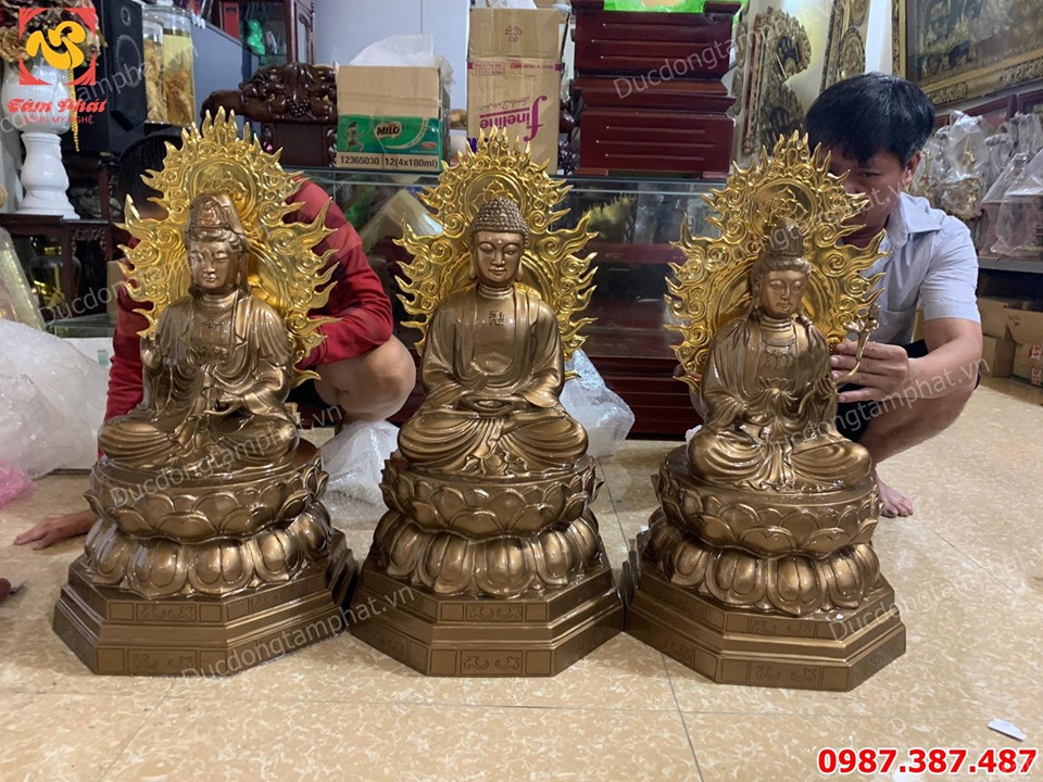 Tượng đồng Tây Phương Tam Thánh cao 72cm đồng đỏ nguyên chất mạ vàng 24k liếc sau tượng