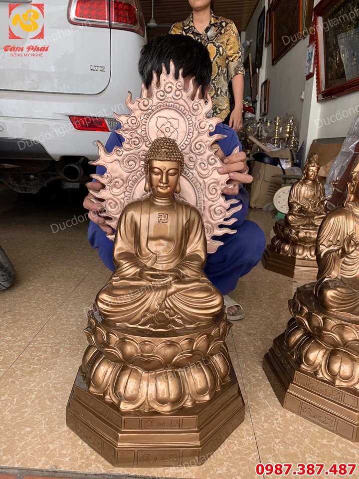 Tượng đồng Tây Phương Tam Thánh cao 72cm đồng đỏ nguyên chất mạ vàng 24k liếc sau tượng