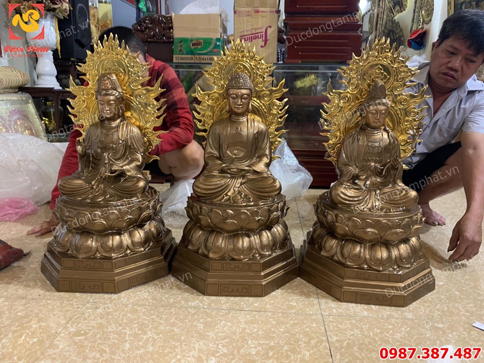 Tượng đồng Tây Phương Tam Thánh cao 72cm đồng đỏ nguyên chất mạ vàng 24k liếc sau tượng
